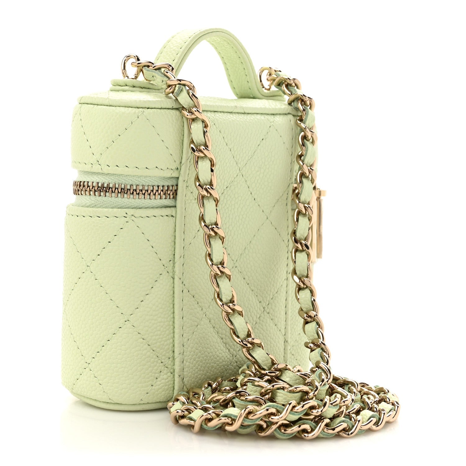 Caviar Quilted Small Handle With Care Vanity Case With Chain Light Green