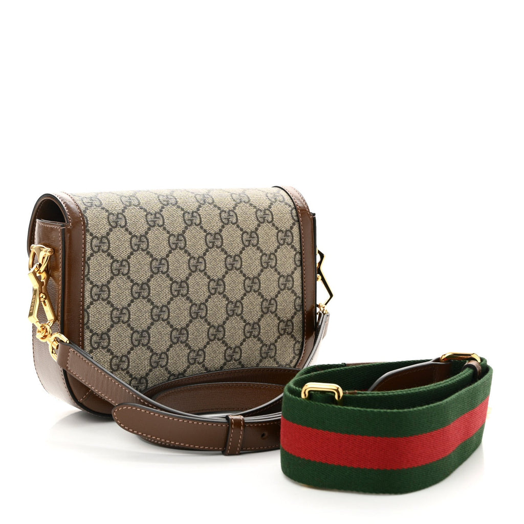 GG Supreme Monogram Azalea Calfskin Web Mini Horsebit 1955 Shoulder Bag Beige Ebony Brown Sugar