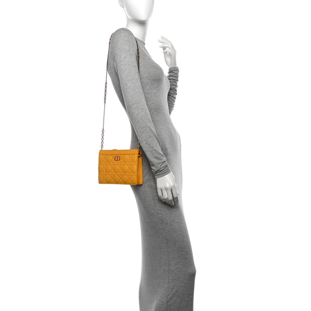 Calfskin Cannage Caro Zipped Pouch With Chain Sunny Yellow