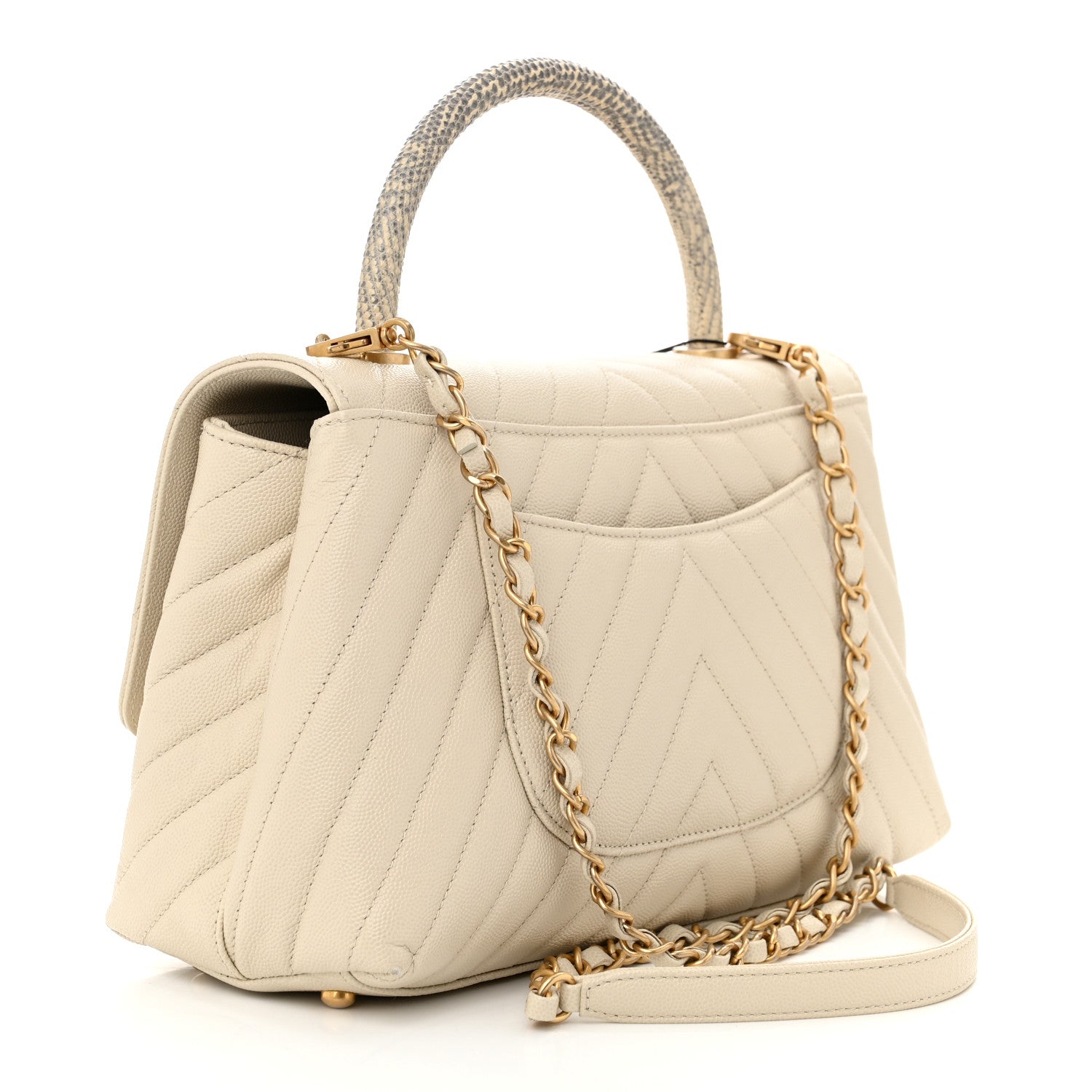 Caviar Lizard Chevron Quilted Small Coco Handle Flap Ivory