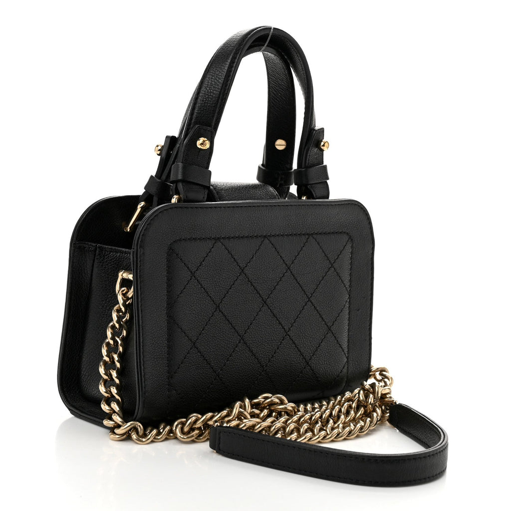 Grained Calfskin Stitched Mini Label  Shopper Black