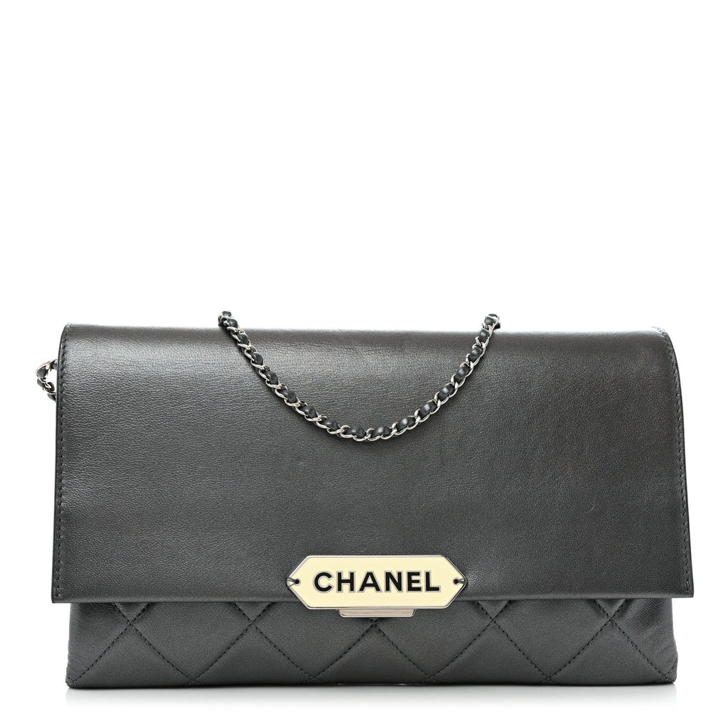 Metallic Lambskin Quilted Retro Label Clutch Charcoal Grey