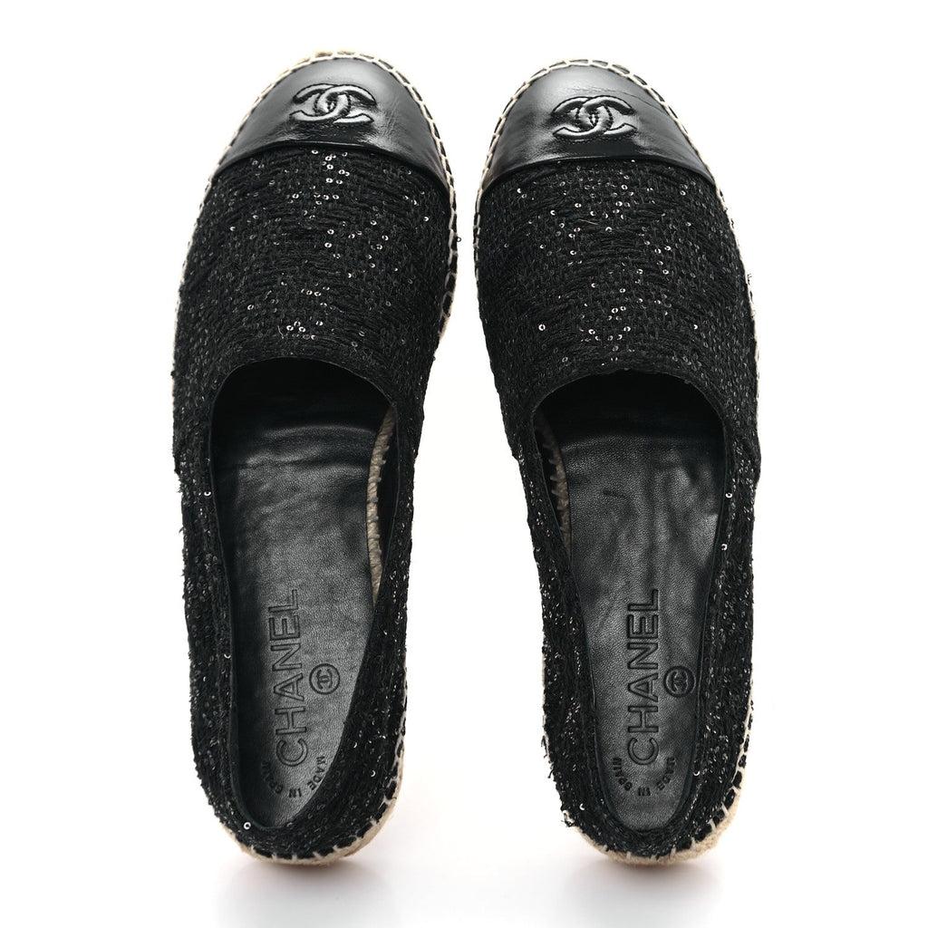Tweed Patent Goatskin Sequin CC Espadrilles 40 Black