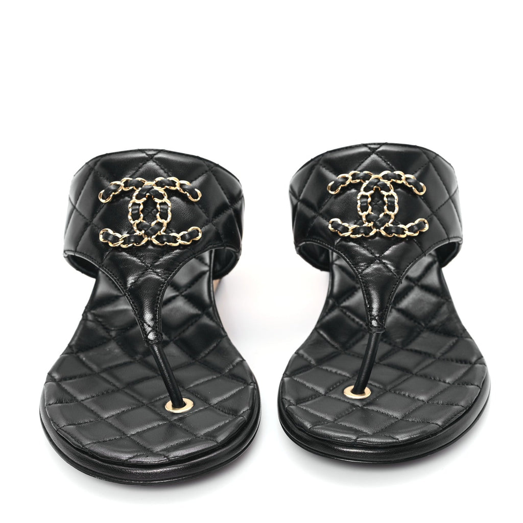 Shiny Goatskin Cork CC Wedge Sandals 39 Black