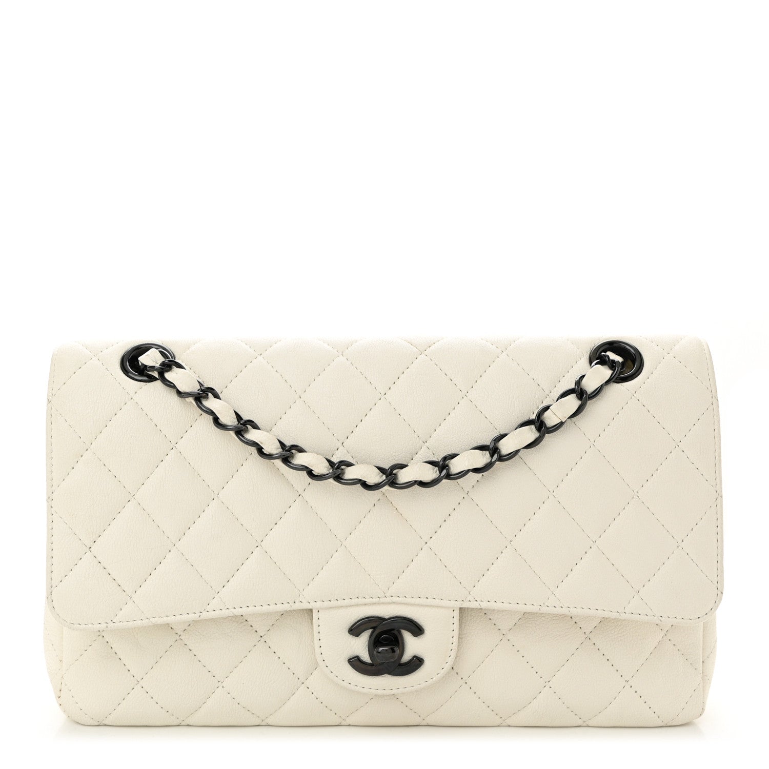Crumpled Calfskin Quilted Medium Double Flap White