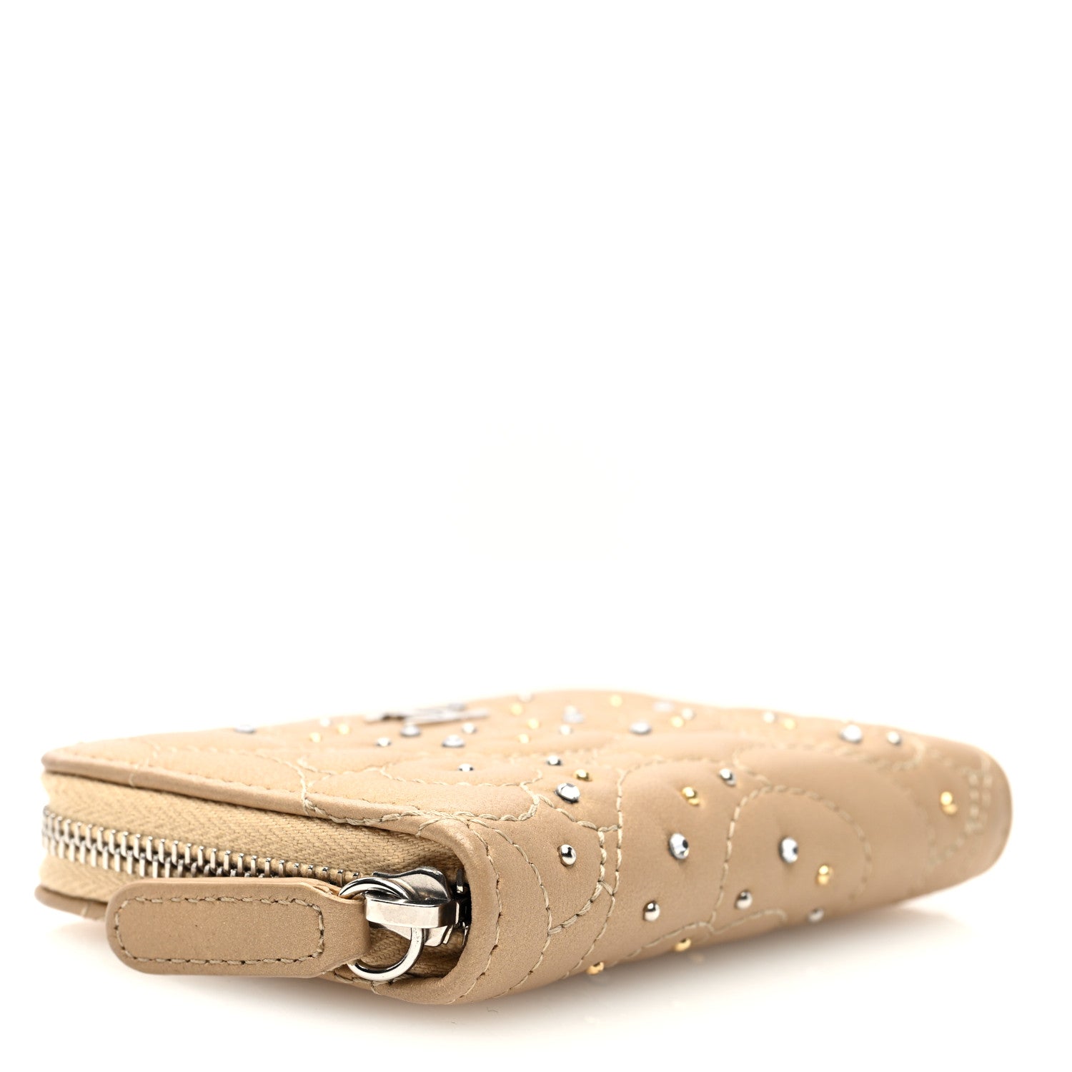 Metallic Lambskin Crystal Camellia Embossed Zip Coin Purse  Gold