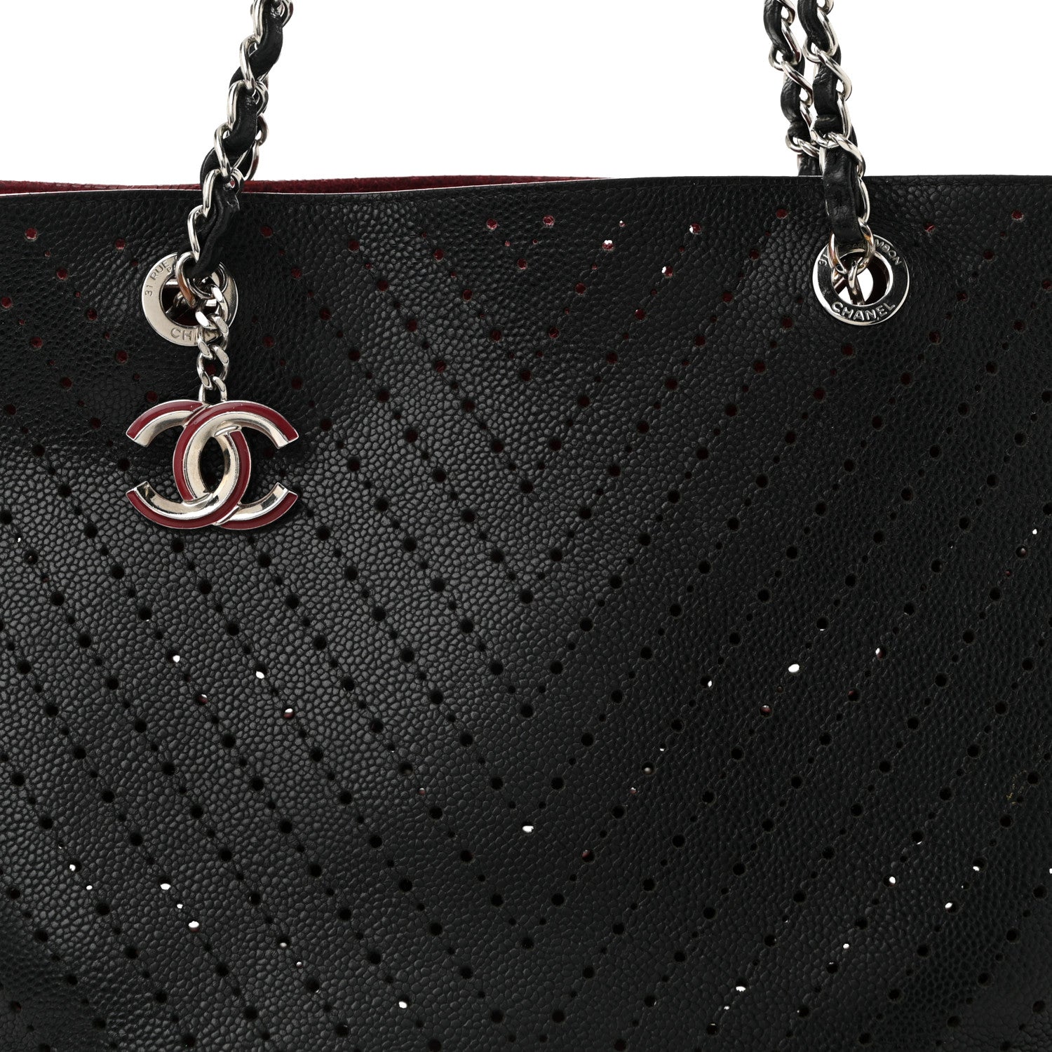 Perforated Grained Calfskin Large Shopping Tote Black
