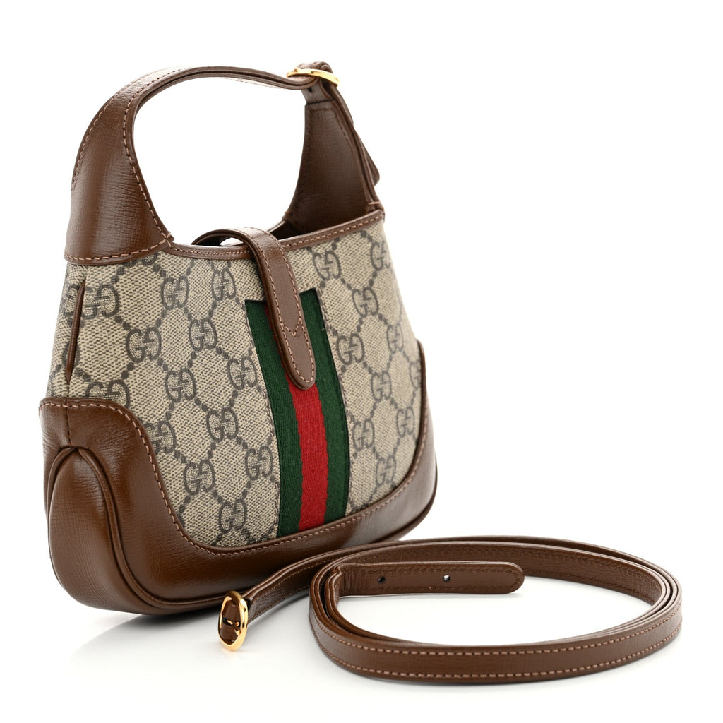 GG Supreme Monogram Azalea Calfskin Web Mini Jackie 1961 Hobo Beige Ebony Brown Sugar