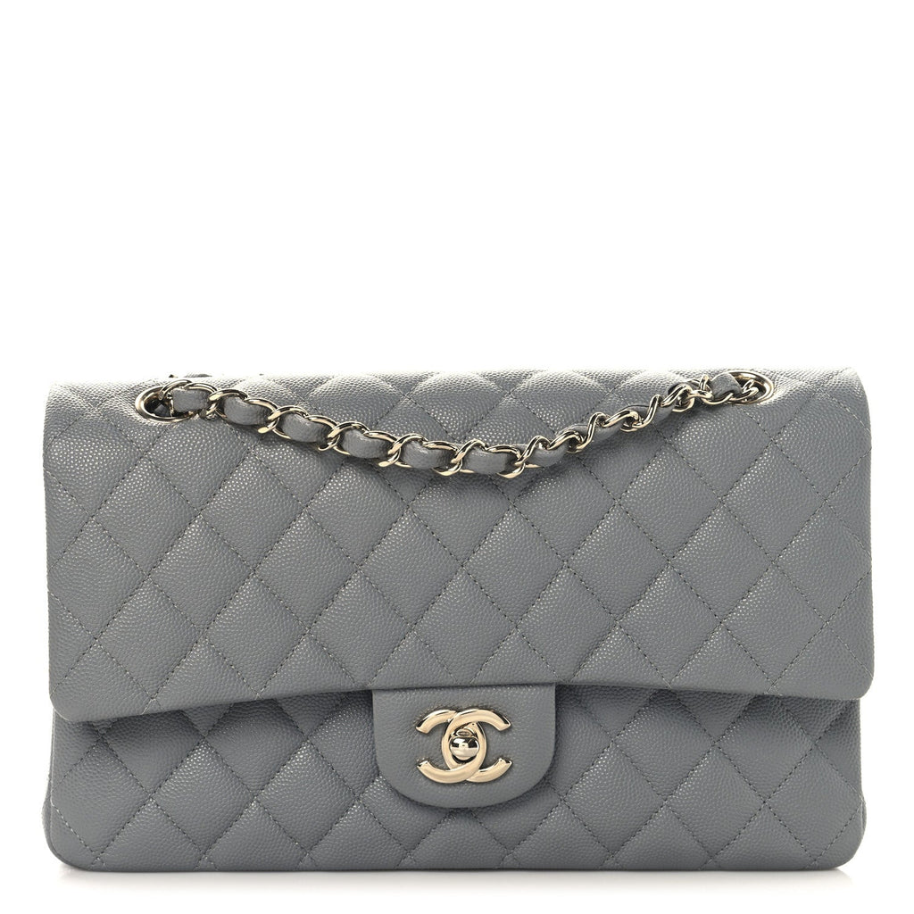 Caviar Quilted Medium Double Flap Grey