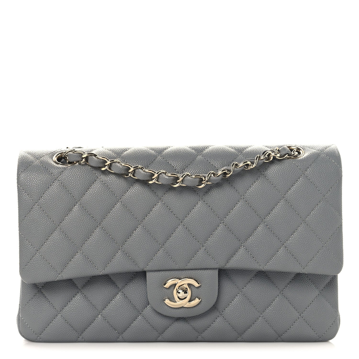 Caviar Quilted Medium Double Flap Grey