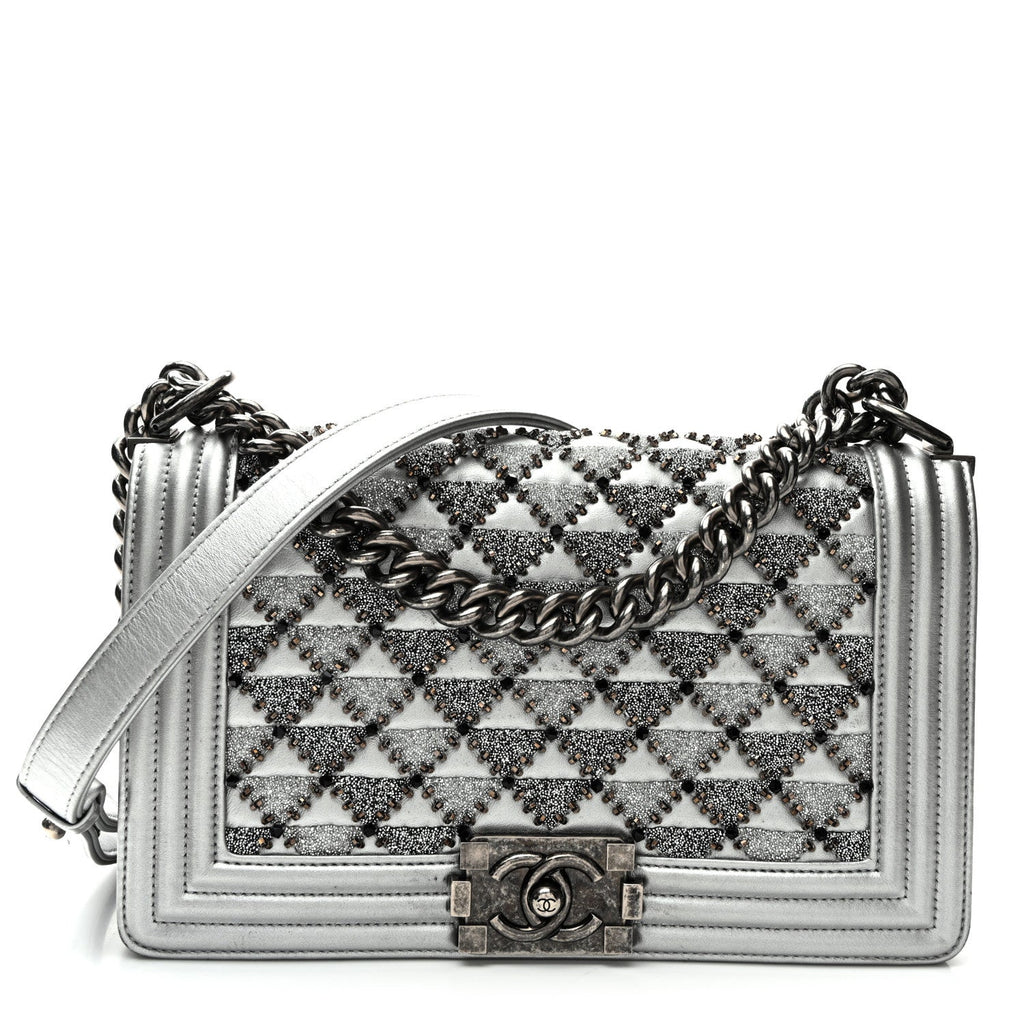 Metallic Lambskin Embellished Medium Boy Flap Silver