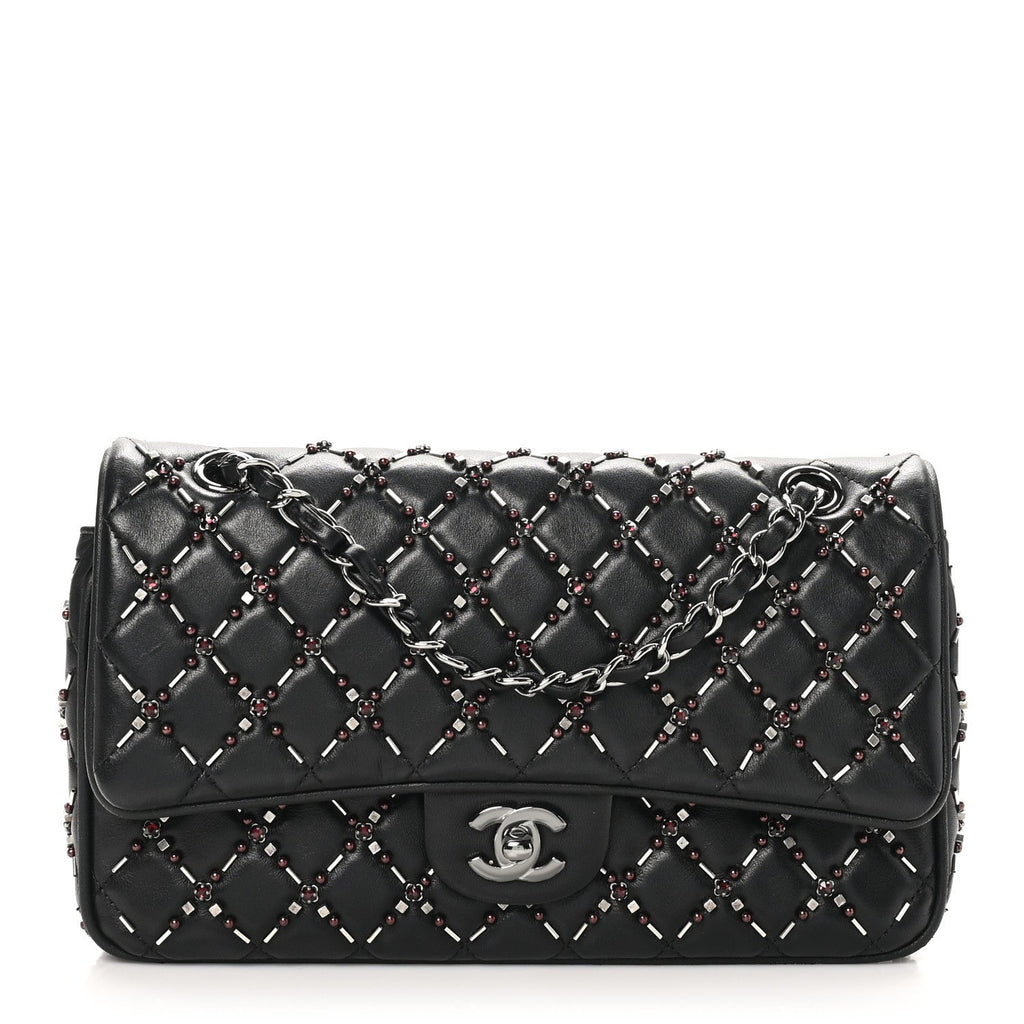 Lambskin Quilted Beaded Medium Double Flap Black