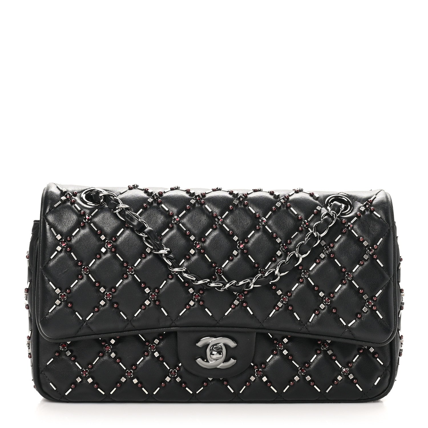 Lambskin Quilted Beaded Medium Double Flap Black