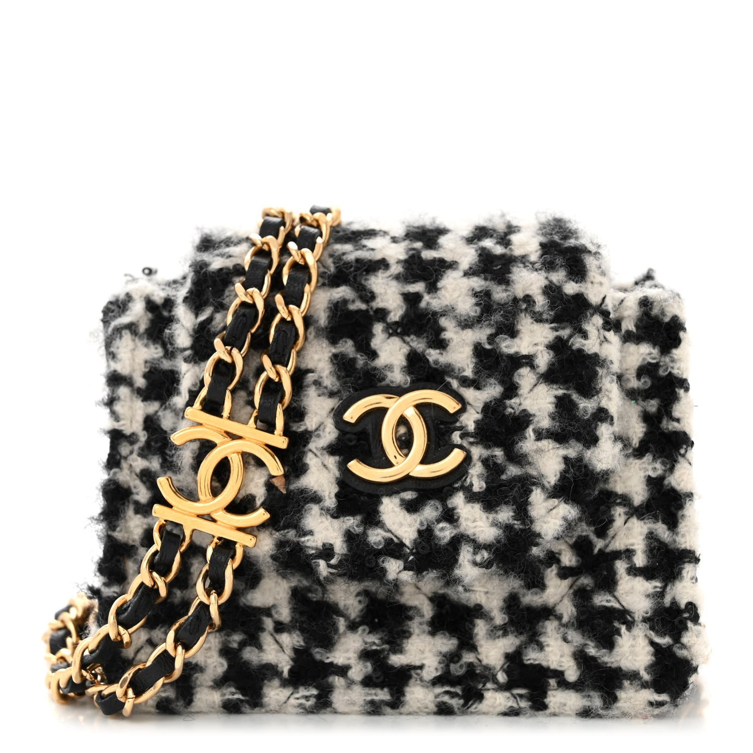 Tweed Houndstooth Quilted Mini Accordion Clutch With Chain White Black