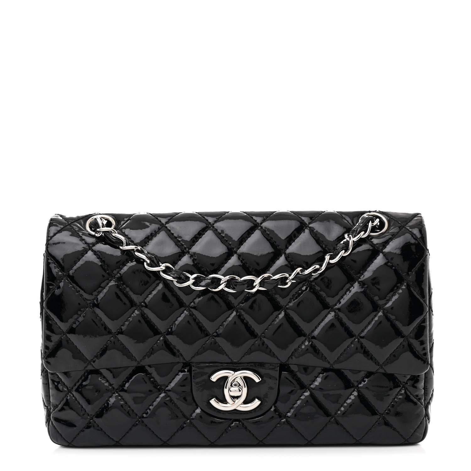 Patent Quilted Medium Double Flap Black