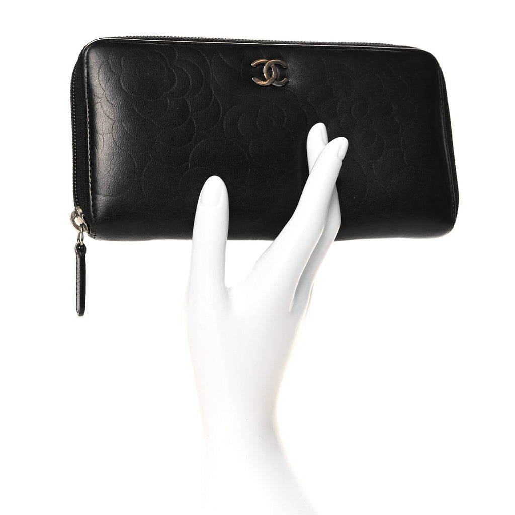 Lambskin Camellia Embossed Large Zip Around Gusset Wallet Black