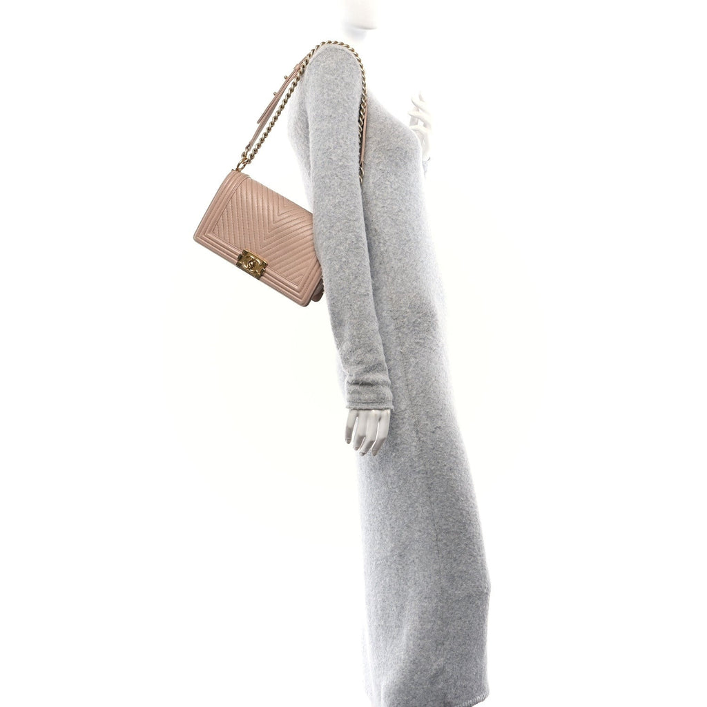 Lambskin Chevron Chain Stitched Medium Boy Flap Beige