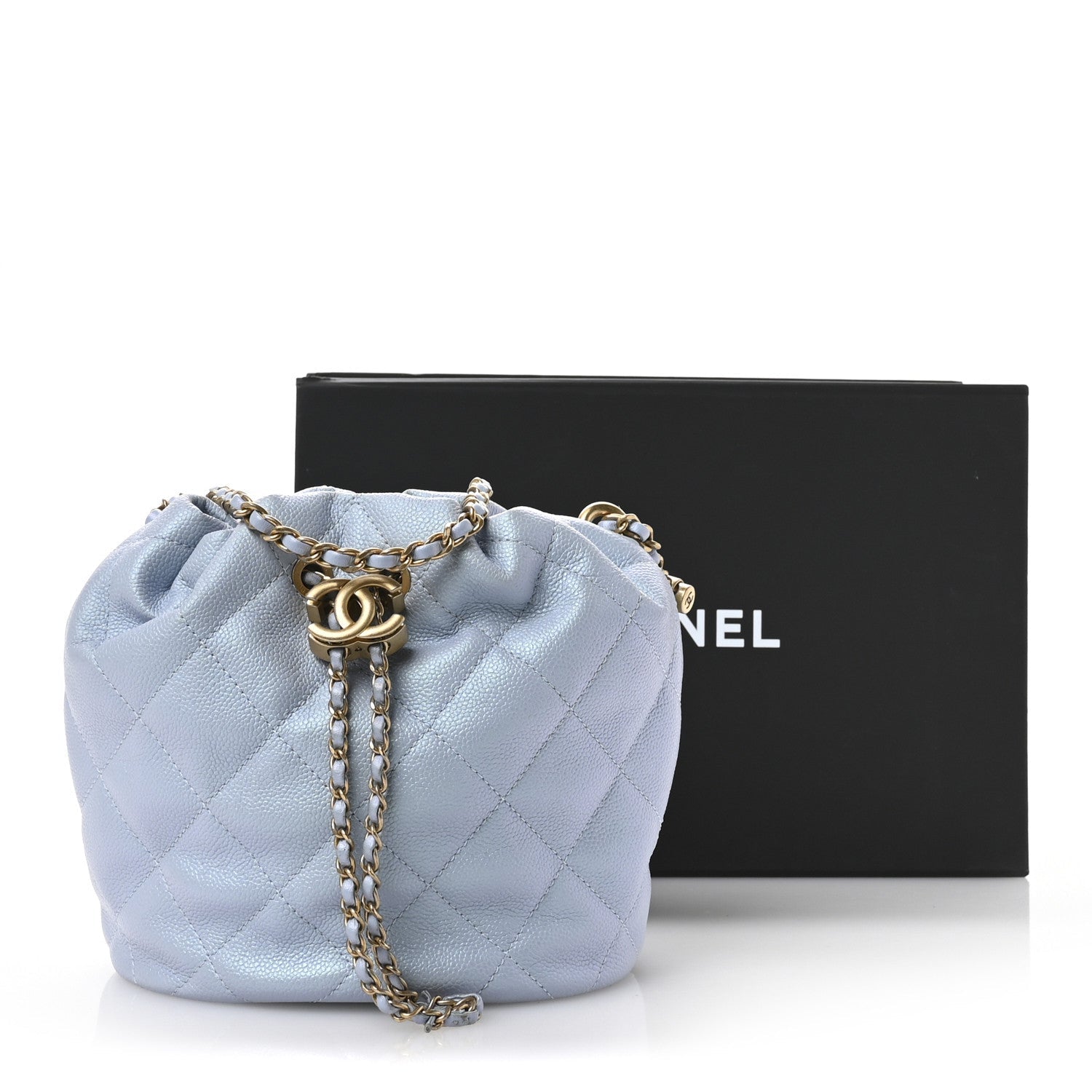 Iridescent Caviar Quilted My Perfect CC Bucket Drawstring Bag Light Blue