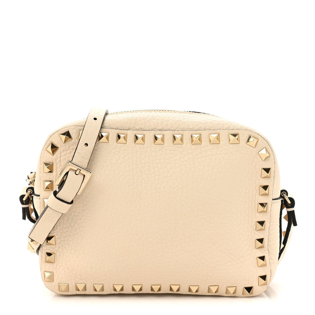 Grained Calfskin Rockstud Camera Crossbody Bag Ivory