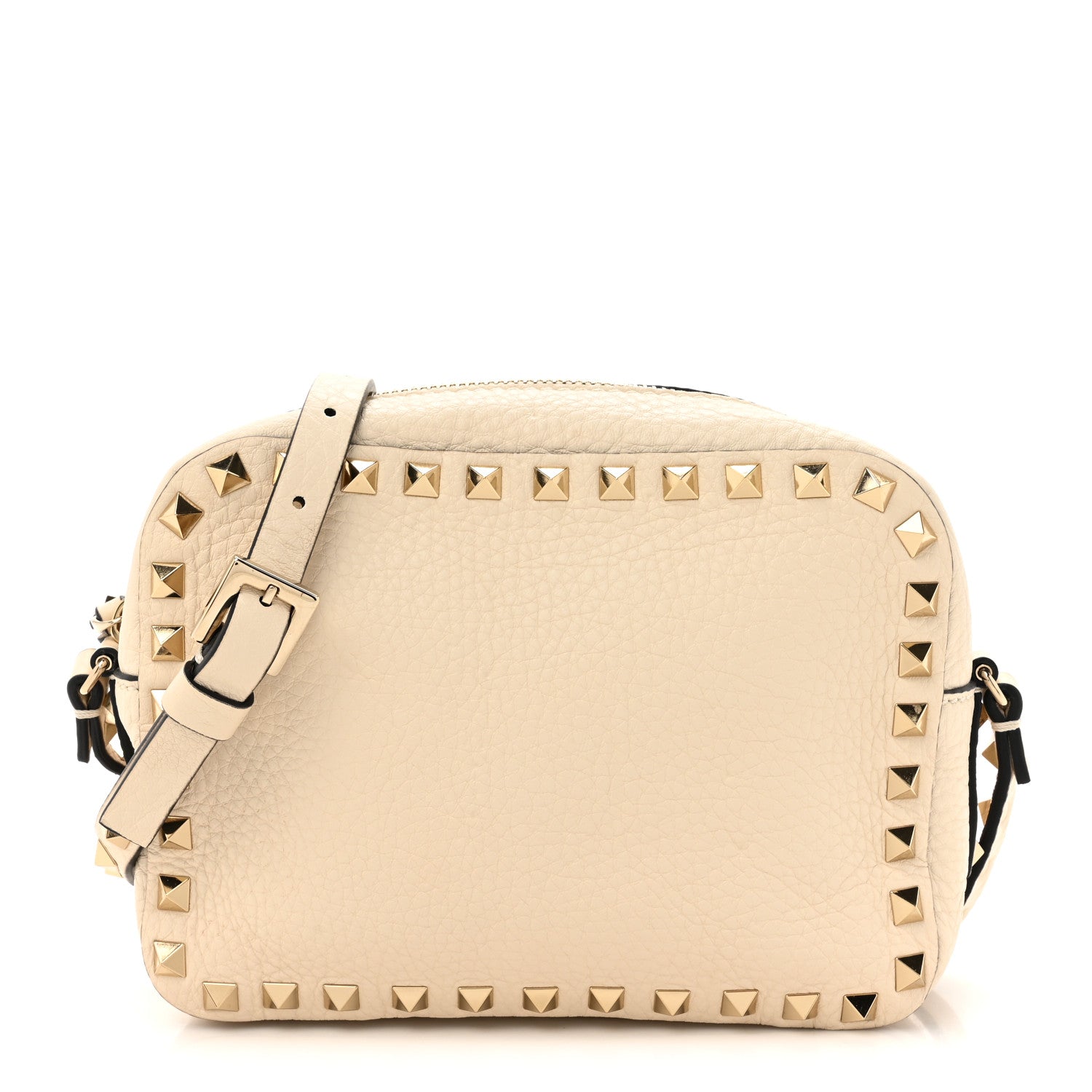 Grained Calfskin Rockstud Camera Crossbody Bag Ivory