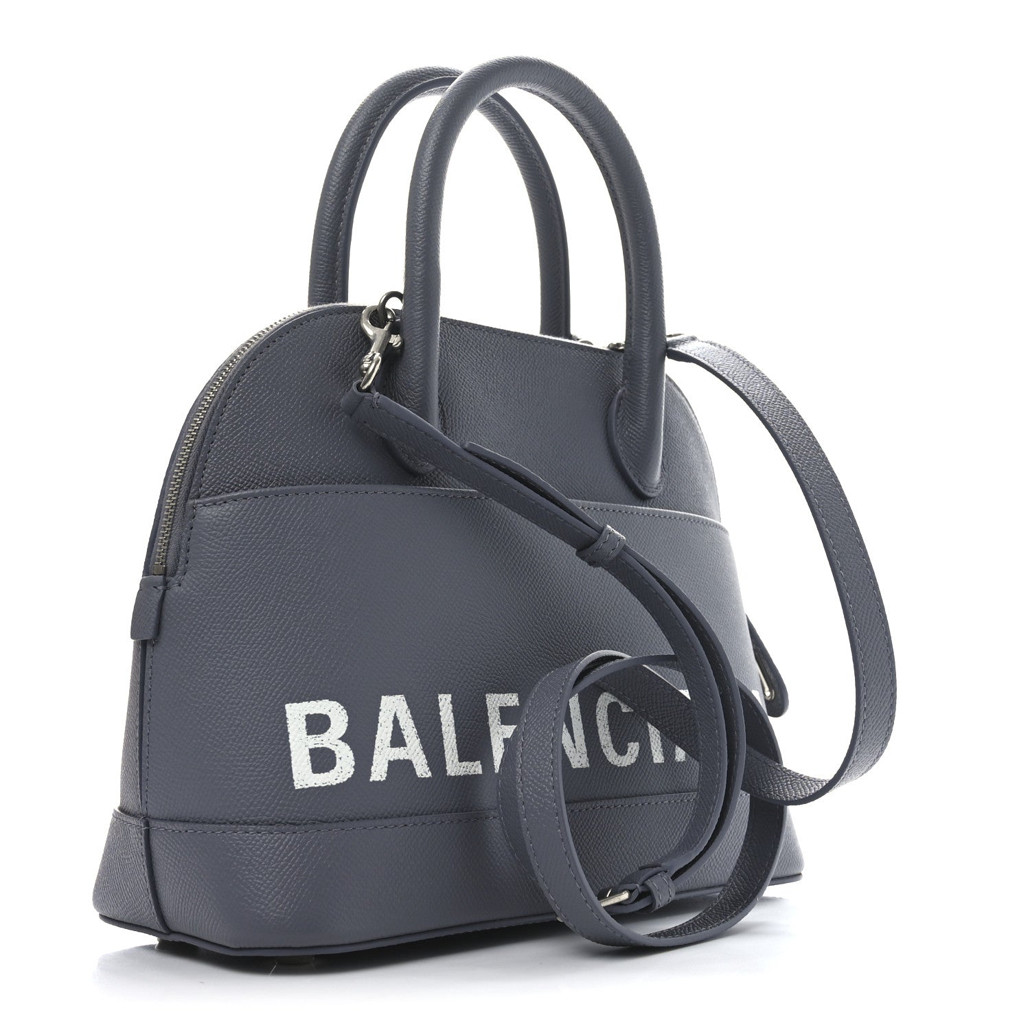Signature Grained Calfskin Logo S Ville Top Handle Bag Gris Perle Fonce White