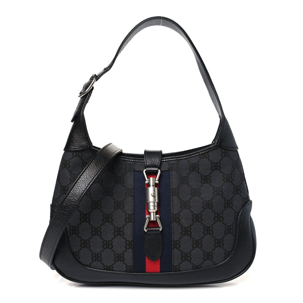 X BALENCIAGA BB Monogram Calfskin Web Small Jackie 1961 Hobo Black