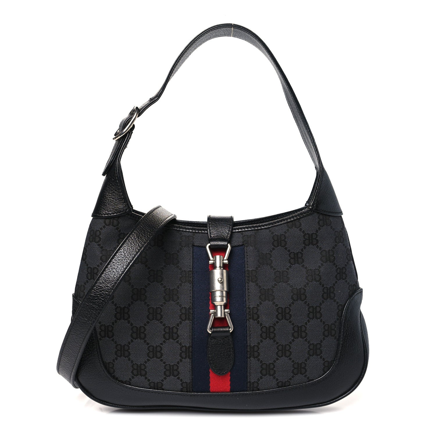 X BALENCIAGA BB Monogram Calfskin Web Small Jackie 1961 Hobo Black