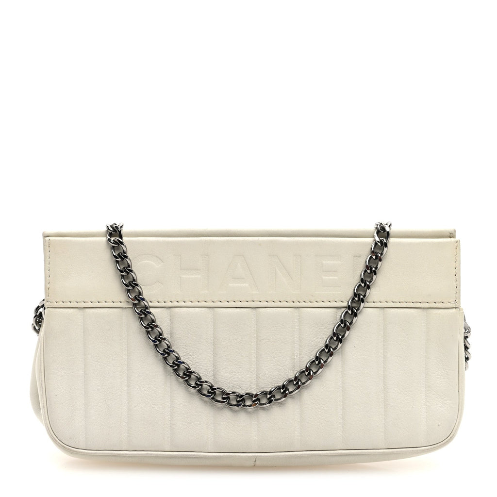 Calfskin Vertical Quilted Lax Clutch With Chain Off White