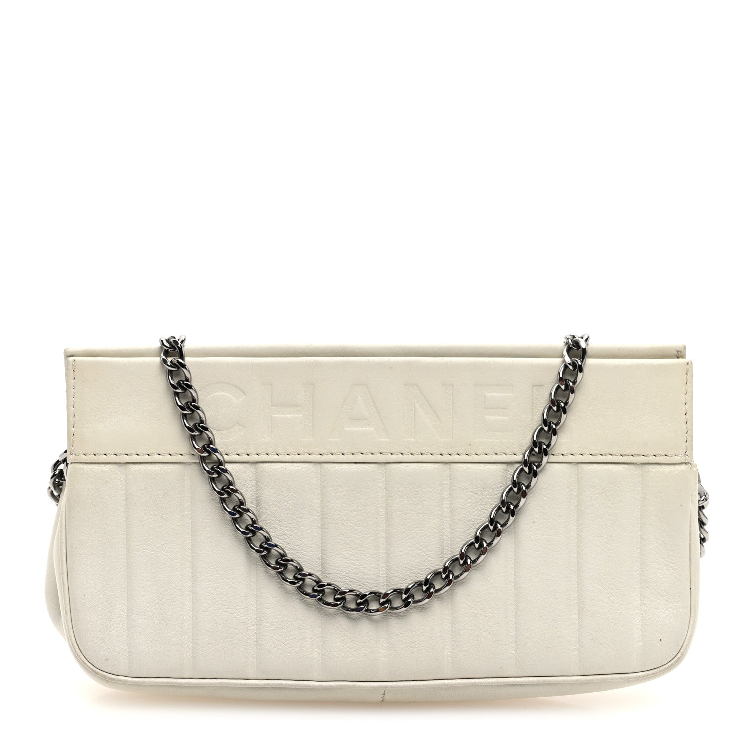 Calfskin Vertical Quilted Lax Clutch With Chain Off White