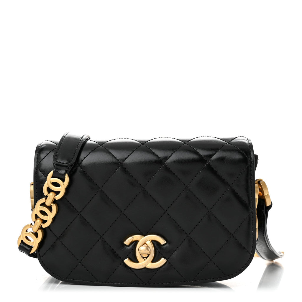 Shiny Calfskin Quilted Suede Goatskin Mini Messenger Black