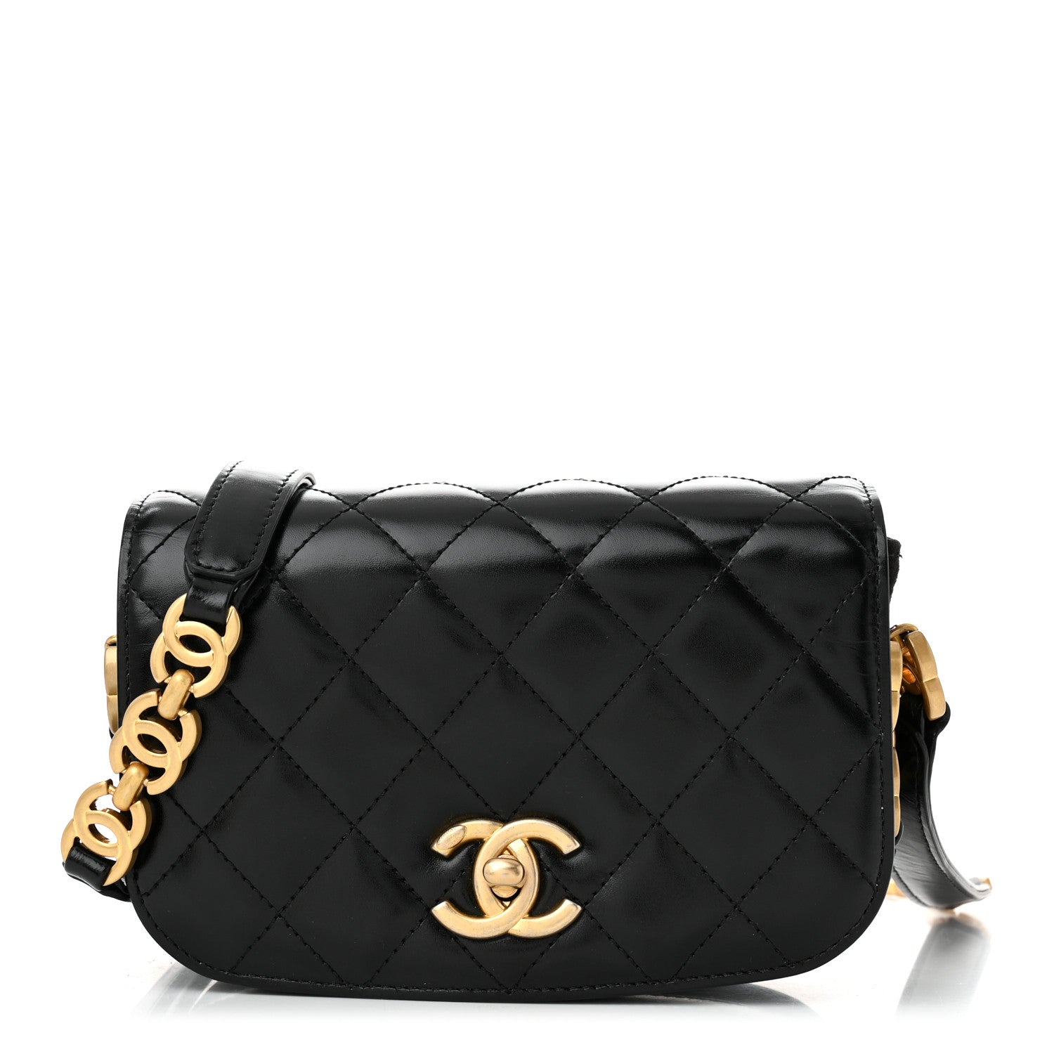 Shiny Calfskin Quilted Suede Goatskin Mini Messenger Black