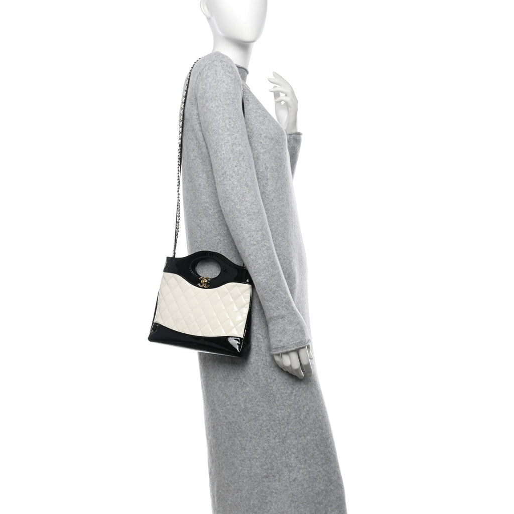Patent Calfskin Quilted Mini 31 Shopping Bag White Black