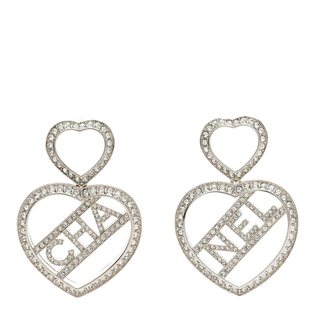 Crystal Metal CC Heart Drop Earrings Silver