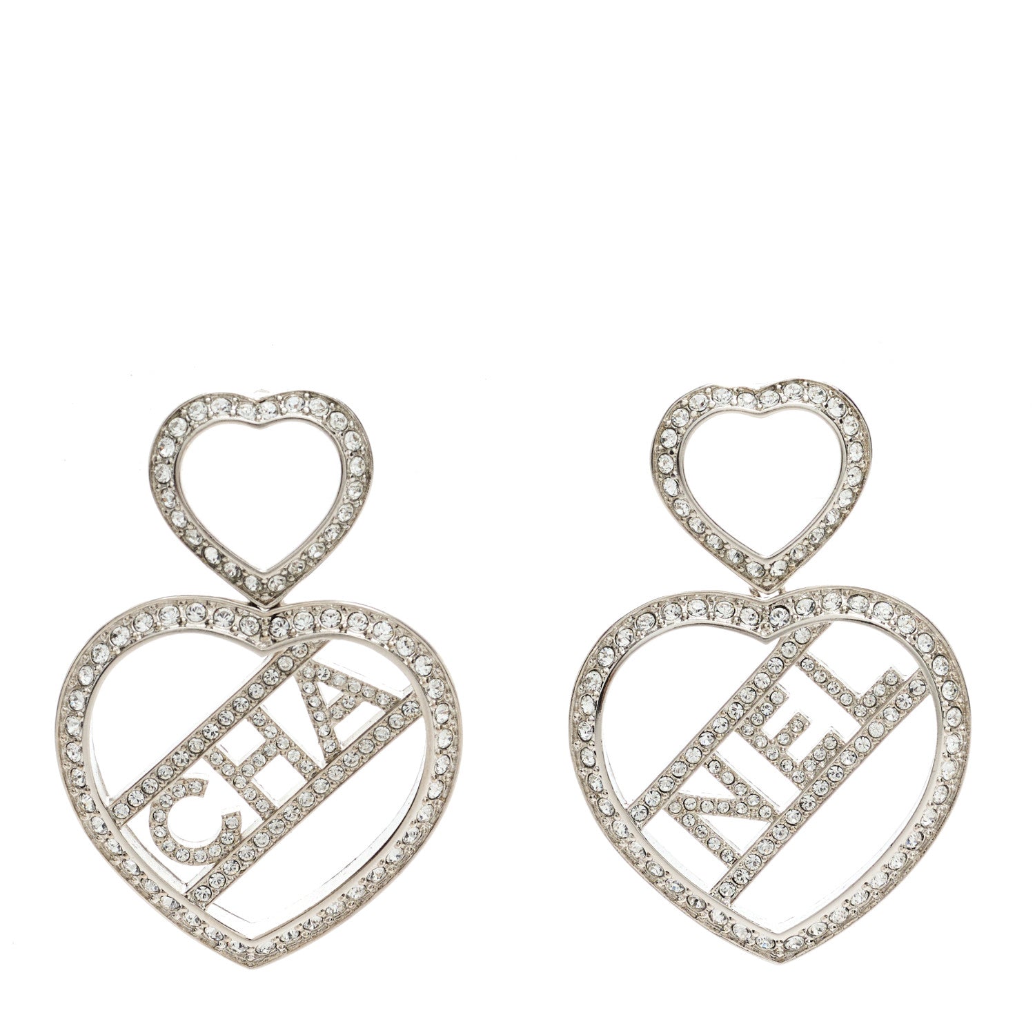 Crystal Metal CC Heart Drop Earrings Silver