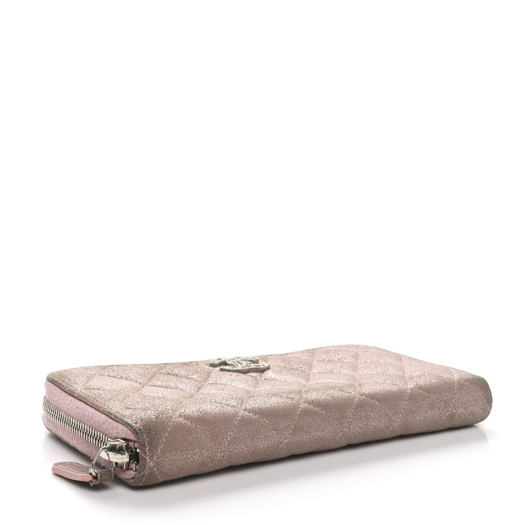Iridescent Calfskin Quilted Large Gusset Zip Around Wallet Pink