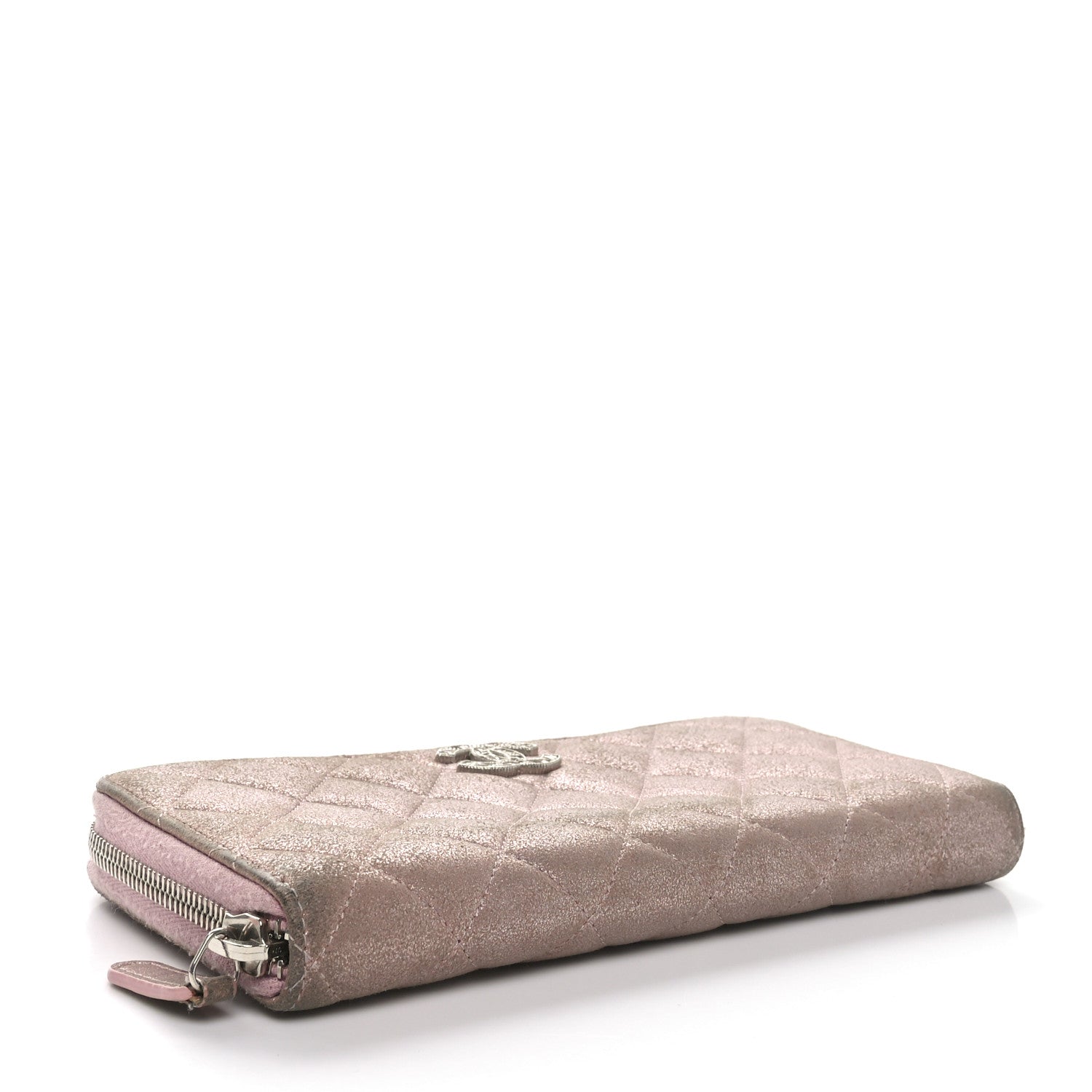 Iridescent Calfskin Quilted Large Gusset Zip Around Wallet Pink