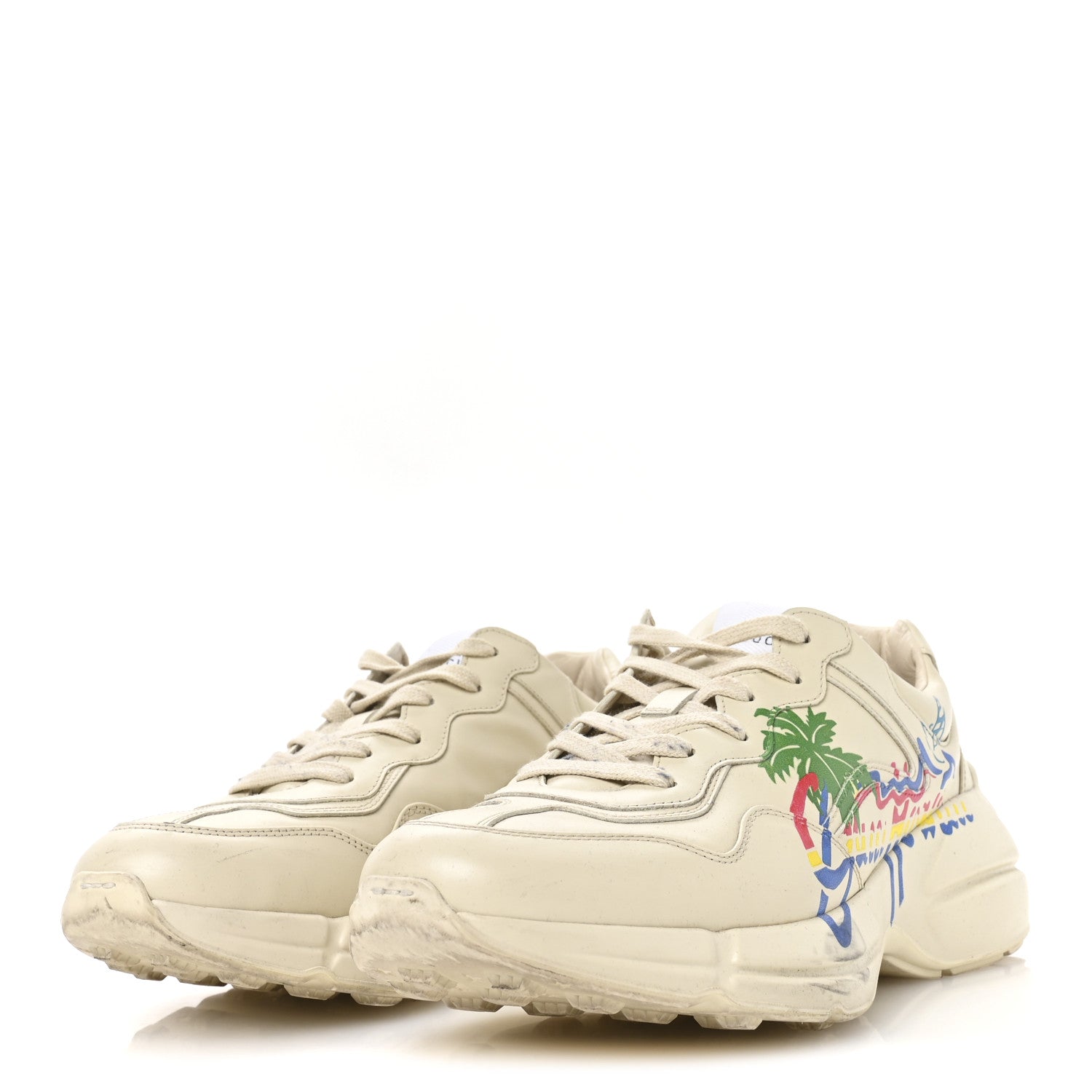 Calfskin Hawaii Printed Mens Rhyton Sneakers 8 White