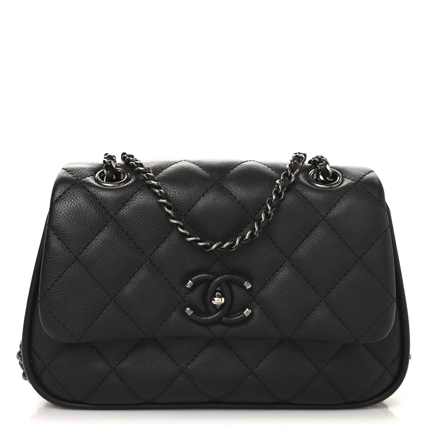 Calfskin Quilted Small Frame In Chain Flap Black