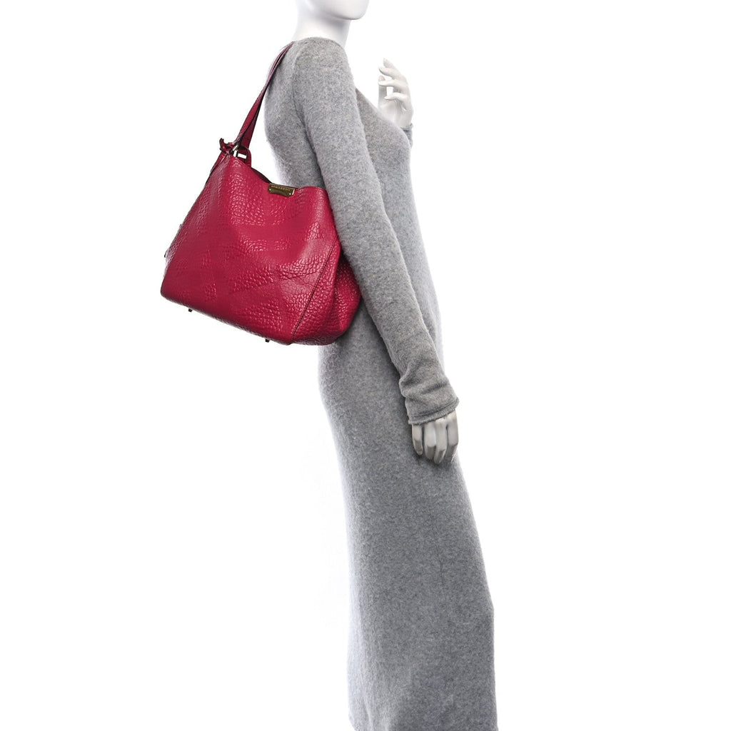 Signature Grain Calfskin Check Embossed Small Canterbury Tote Vibrant Fuchsia