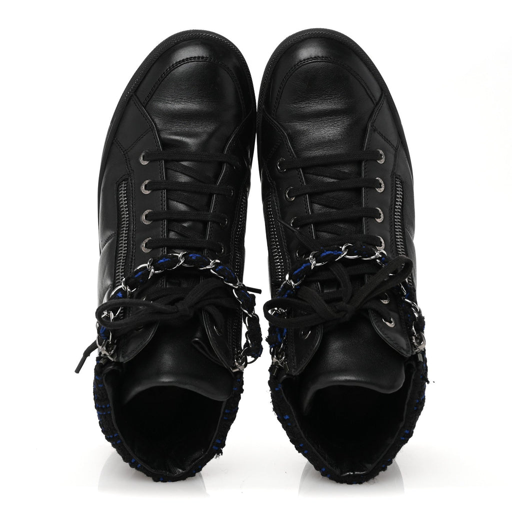 Lambskin Tweed Zipped Sneakers 39 Black Blue