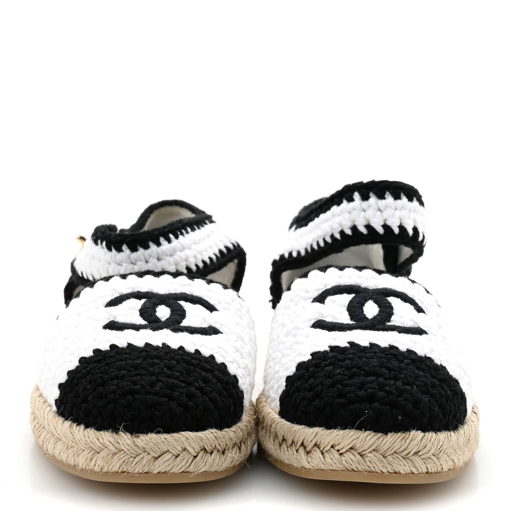Braided Knit Cap Toe CC Ankle Strap Espadrilles 39 White Black