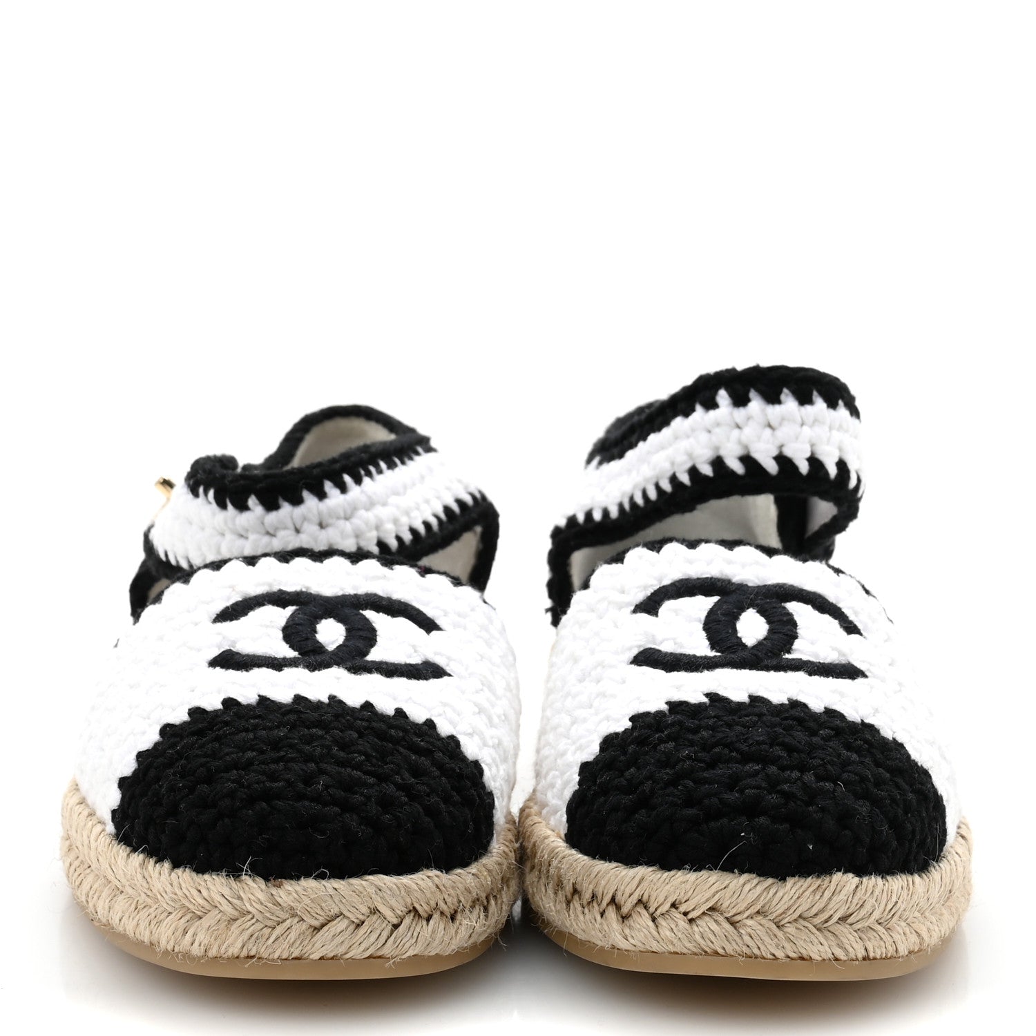 Braided Knit Cap Toe CC Ankle Strap Espadrilles 39 White Black