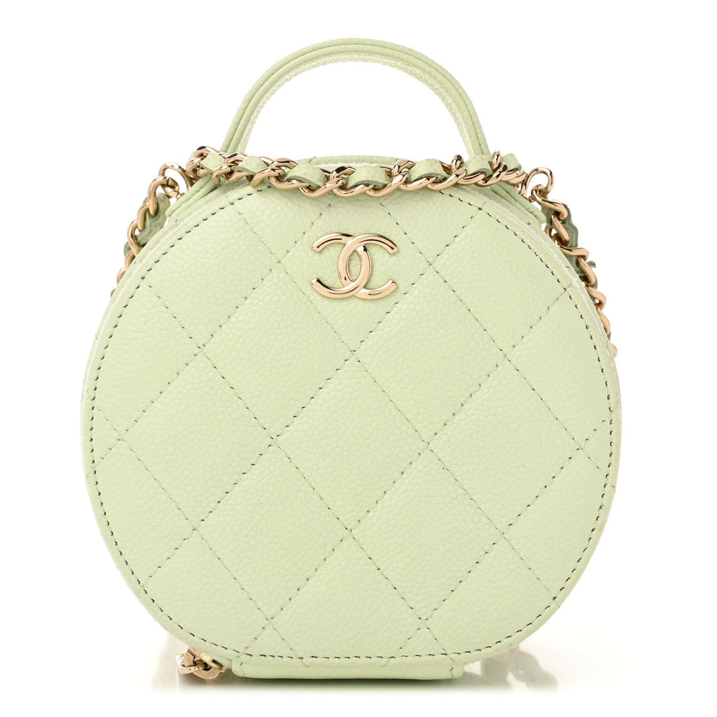 Caviar Quilted Round Handle With Care Vanity With Chain Light Green