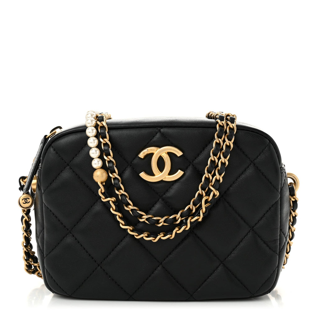 Lambskin Quilted Pearl Chain Camera Case Black