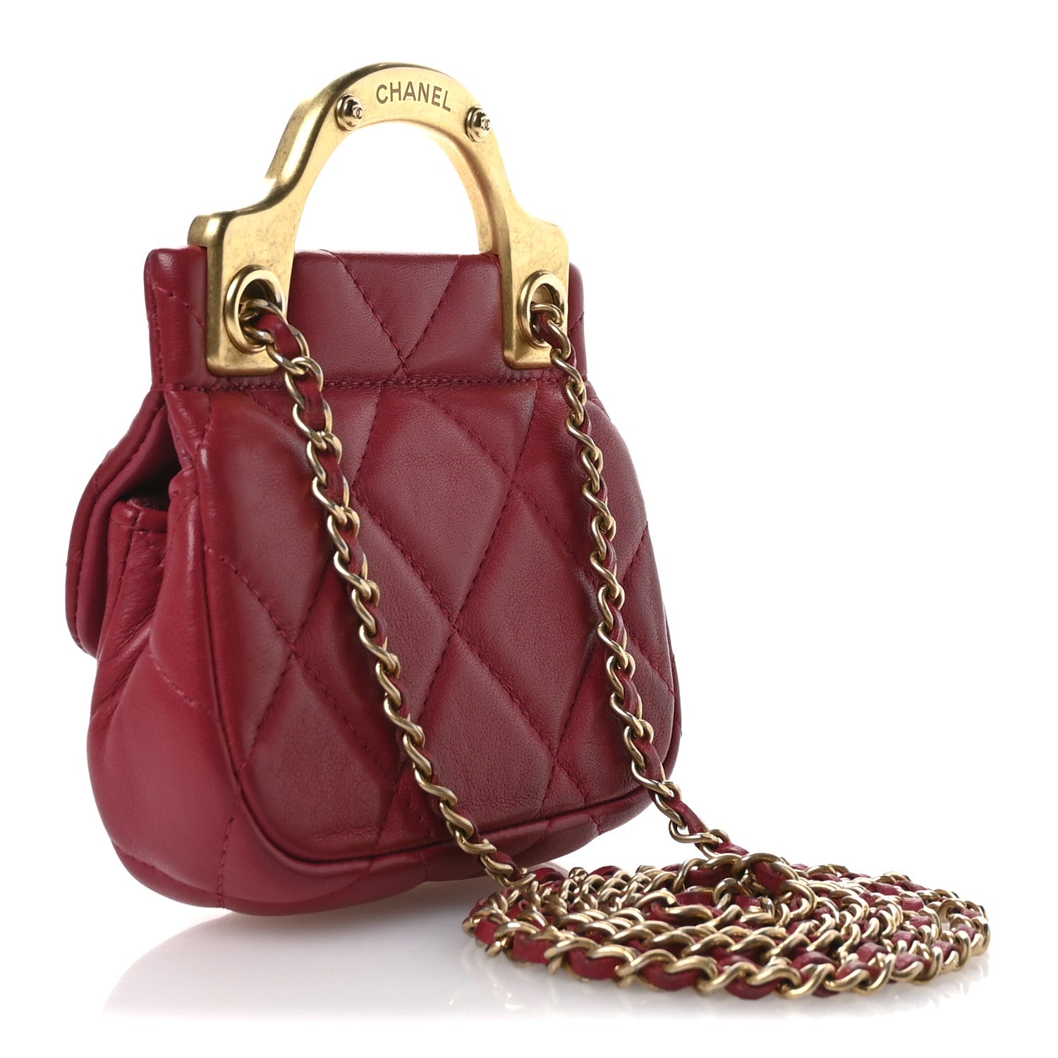 Calfskin Quilted Lady Handle Flap  Holder With Chain Dark Pink