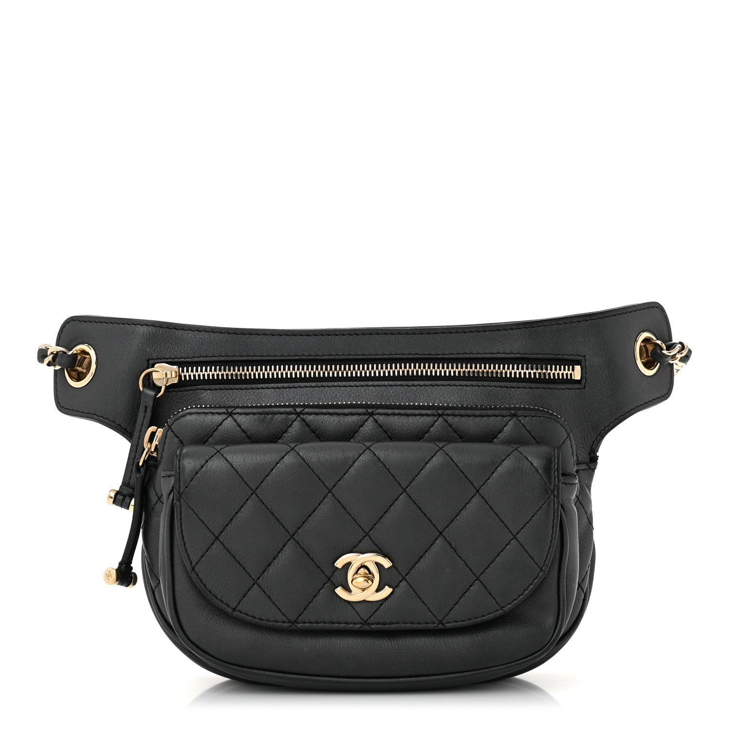 Calfskin Flap Chain Waist Bag Black
