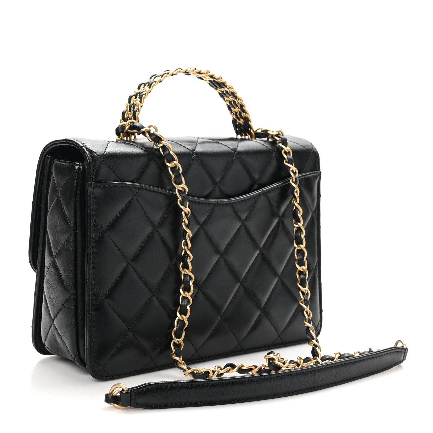 Shiny Calfskin Quilted Small Metal Chain Top Handle Flap Black