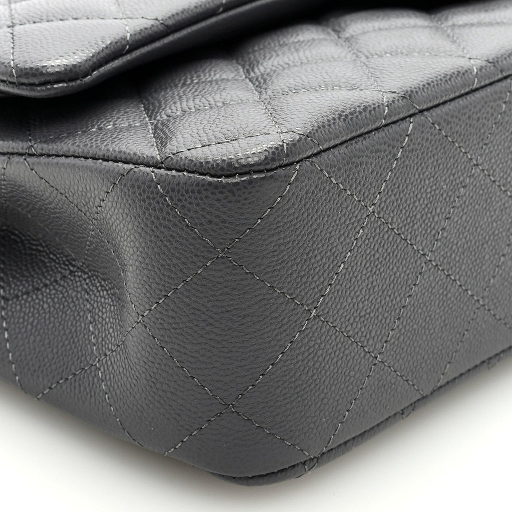 Caviar Quilted Medium Double Flap Dark Grey