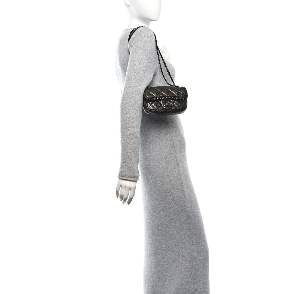 Metallic Aged Calfskin Mini Chain Me Flap Dark Grey
