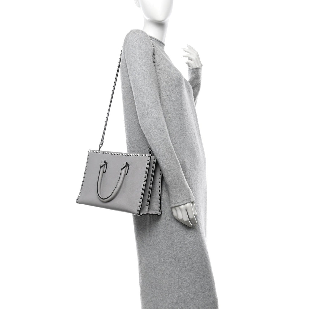Grained Calfskin Medium Rockstud Double Handle Horizontal Tote Pastel Grey